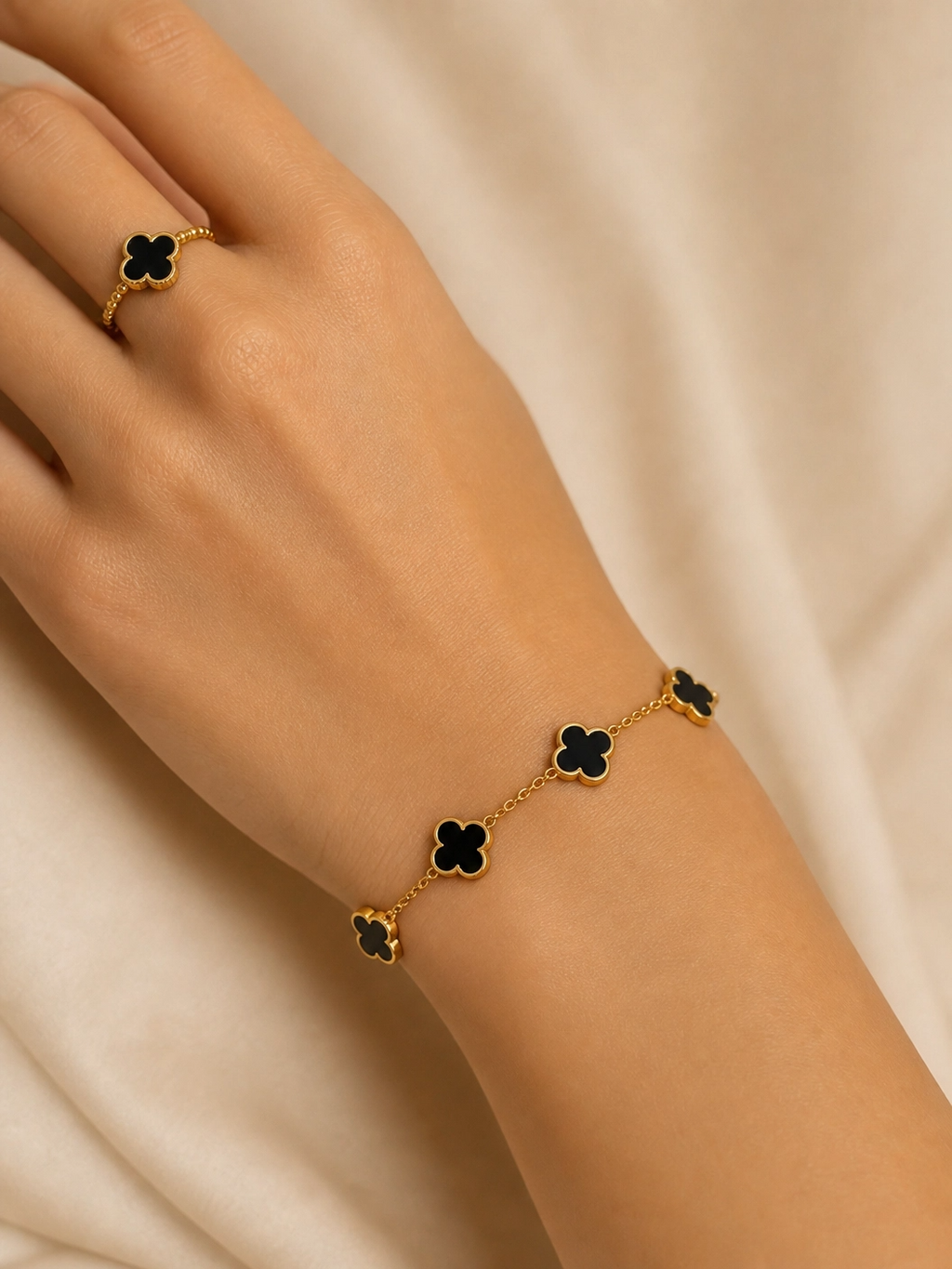 Clover Bracelet | Black & Gold Five Leaf Charm for Women UK