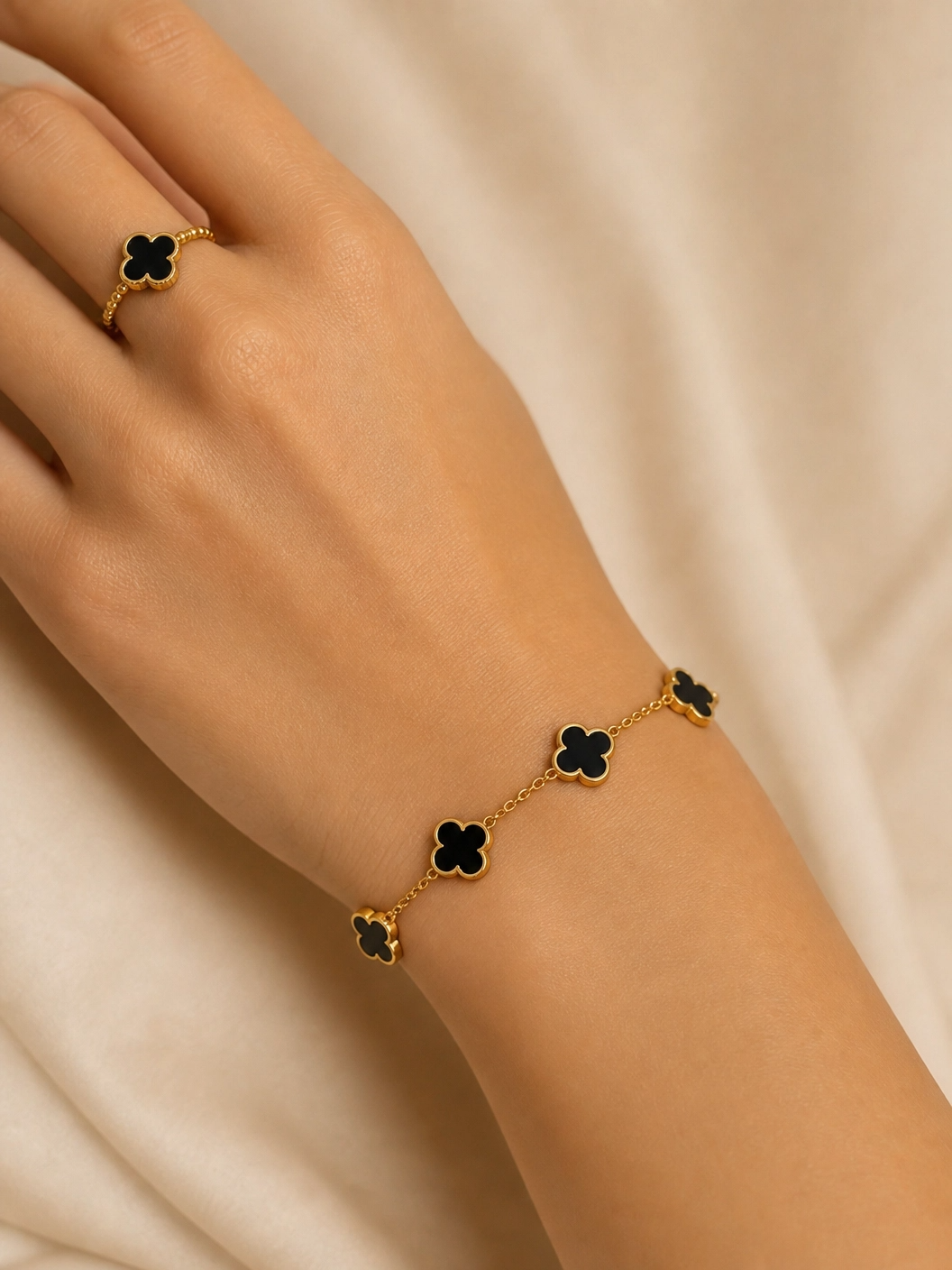 Clover Bracelet | Black & Gold Five Leaf Charm for Women UK